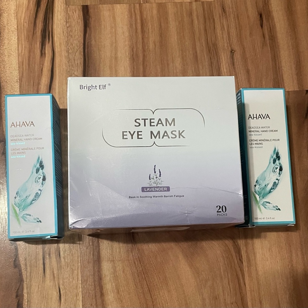 AHAVA Dead Sea Mineral Hand Cream and Bright Elf Lavender Steam Eye Mask bundle